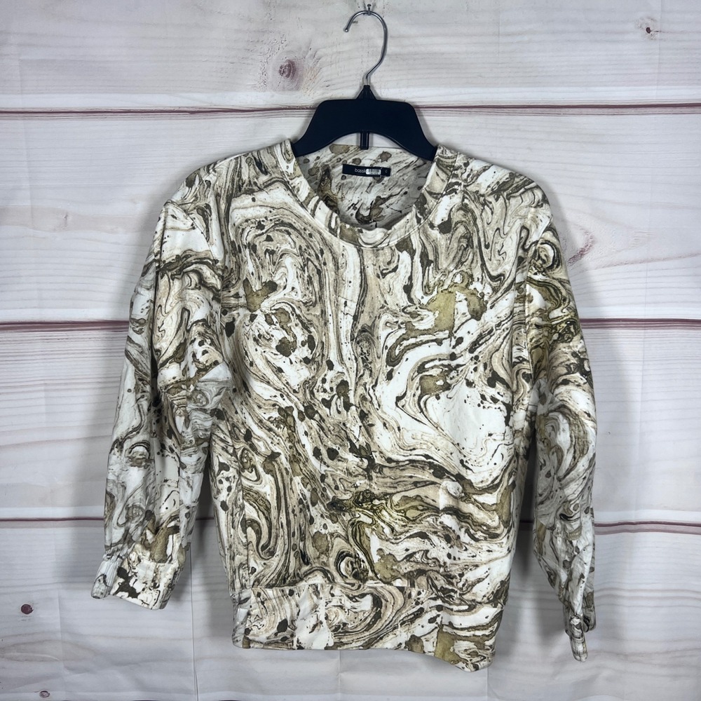 Bassike Sweatshirt Top Womens 0 XS Green Marble Print Crewneck Cotton Cropped
